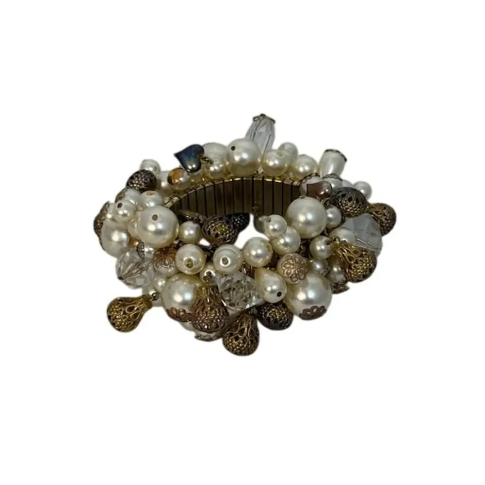 VTG Expansion Cha Cha Bracelet White Faux Pearl Crystal Filigree Dangle Beads